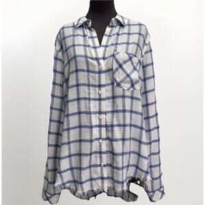 CLOTH & STONE Anthropologie Windowpane Button Front Fray Hem Blue White Size M